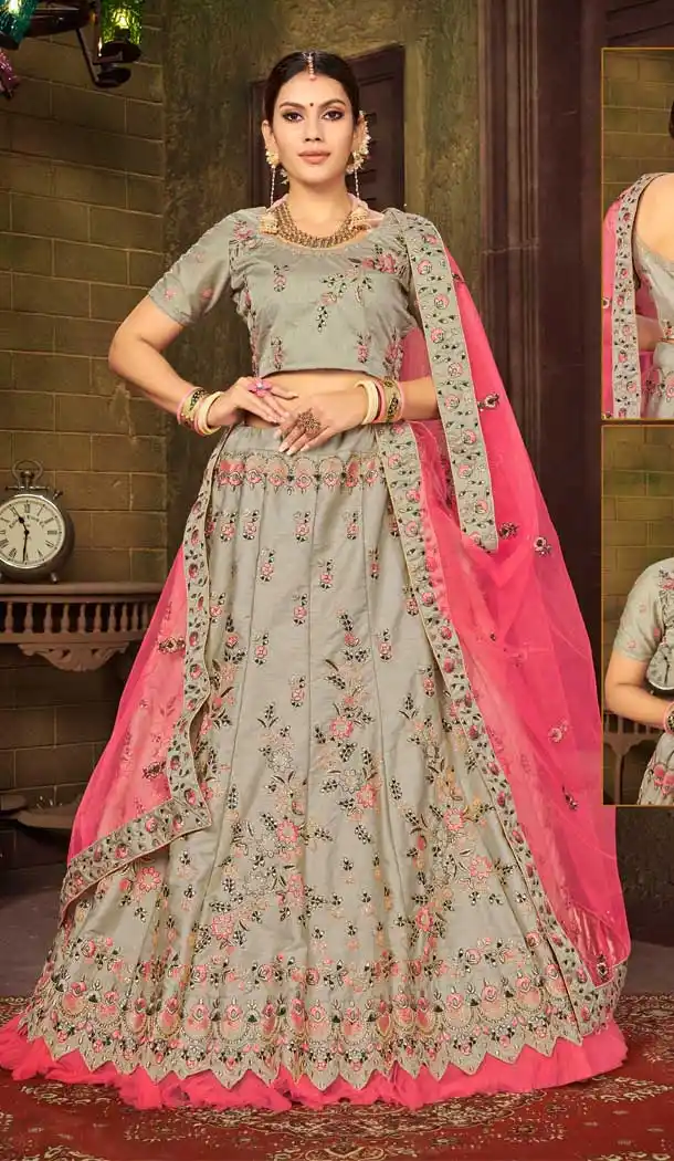 Grey Color Slub Silk Designer Sangeet Ceremony Wear Lehenga Choli -737191209