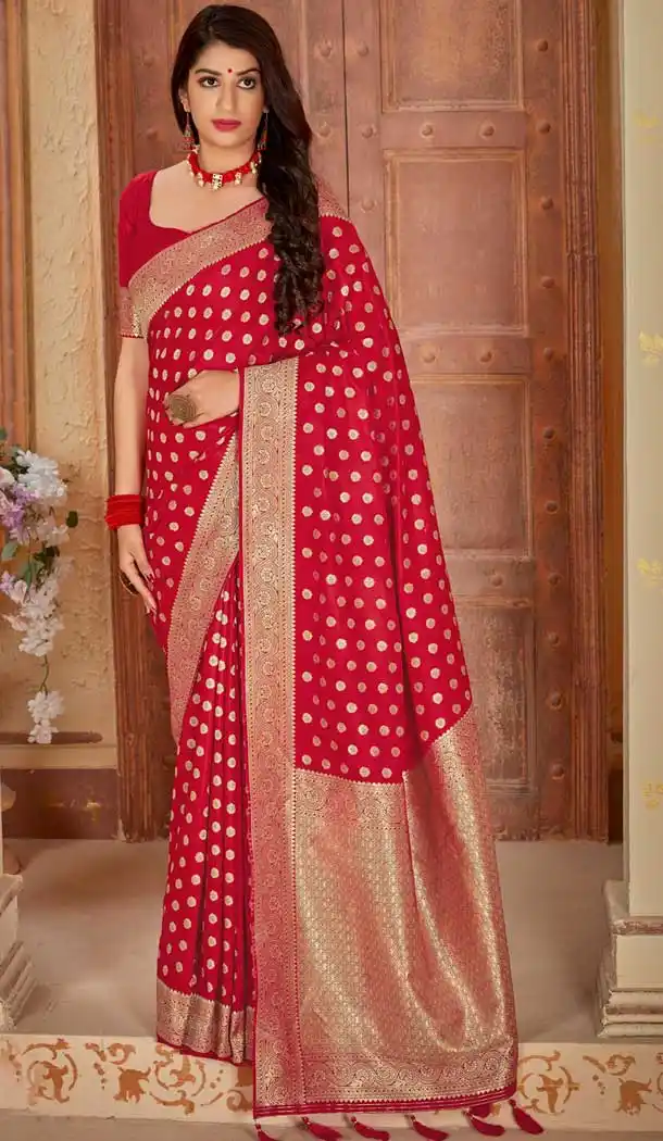 Ethnic Red Color Banarasi Silk Traditional Designer Saree Blouse -737291216