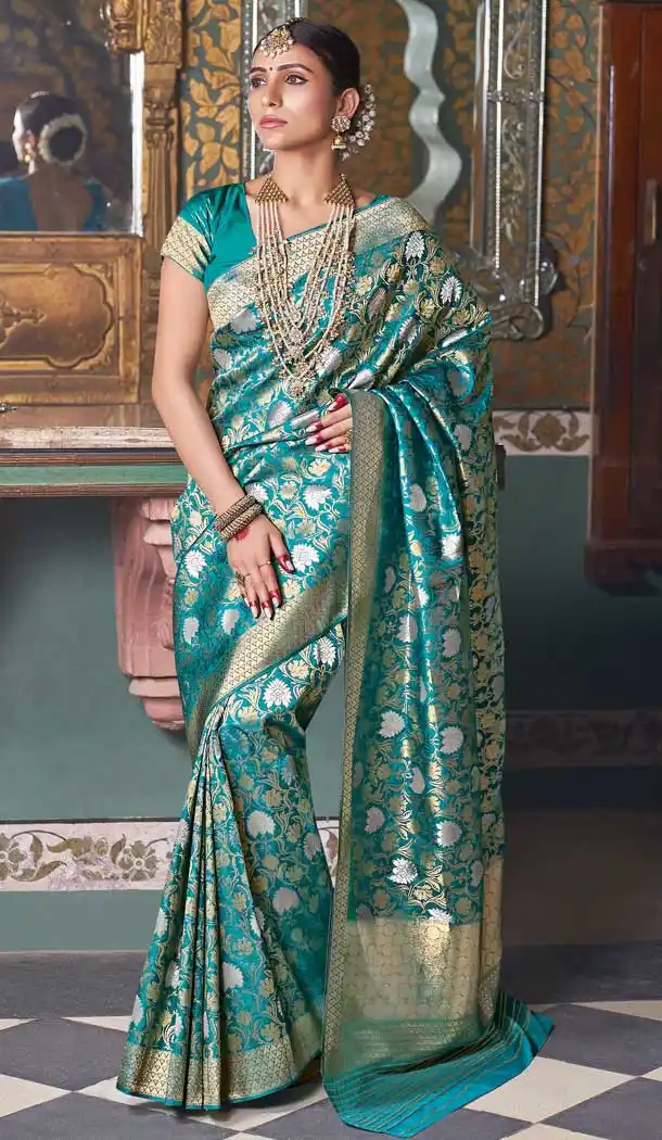 Teal Blue Color Handloom Silk Traditional Party Wear Saree Blouse -738591372