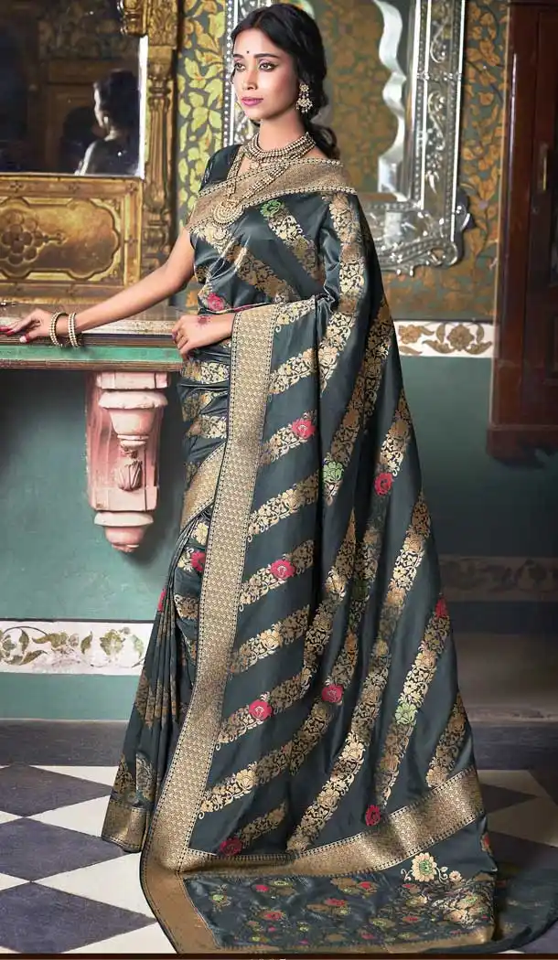 Dark Grey Color Handloom Silk Traditional Party Wear Saree Blouse -738591375
