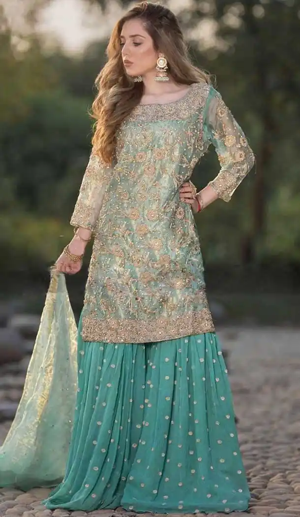 Rama Green Color Heavy Net Designer Party Wear Sharara Suit -739691483