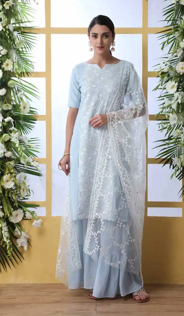 Sky Blue Color Georgette Designer Party Wear Sharara Suit -740391580