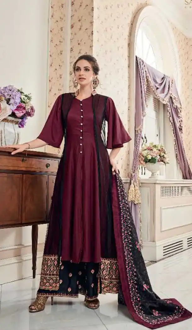 Maroon Black Color Heavy Maslin With Net Party Wear Palazzo Suit -740991656