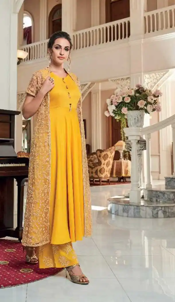 Yellow Beige Color Heavy Maslin With Net Party Wear Palazzo Suit -740991657