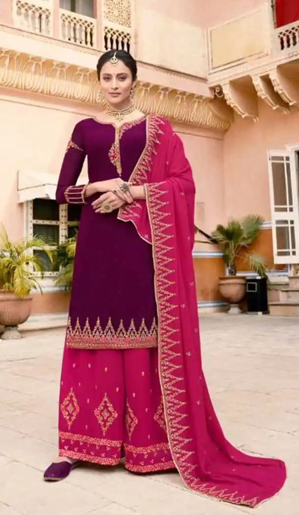 Violet Color Soft Georgette Embroidery Party Wear Palazzo Suit -741191662