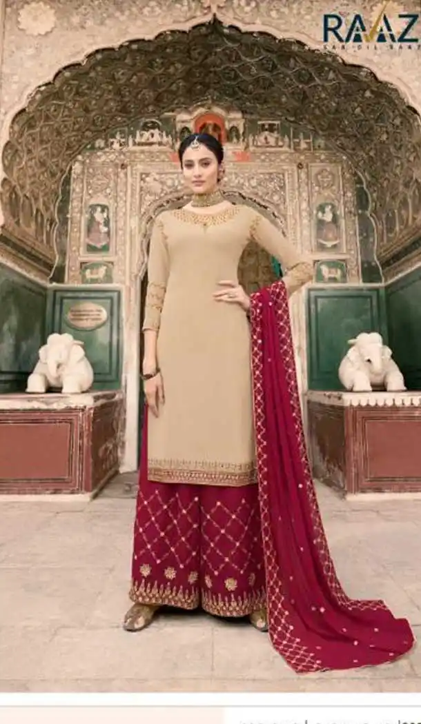 Beige Color Soft Georgette Embroidery Party Wear Palazzo Suit -741191663