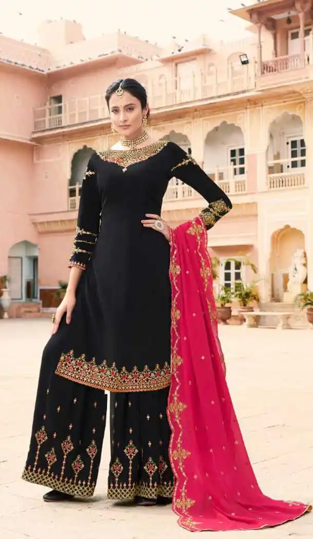 Black Color Soft Georgette Embroidery Party Wear Palazzo Suit -741191664