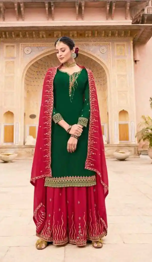 Green Color Soft Georgette Embroidery Party Wear Palazzo Suit -741191665