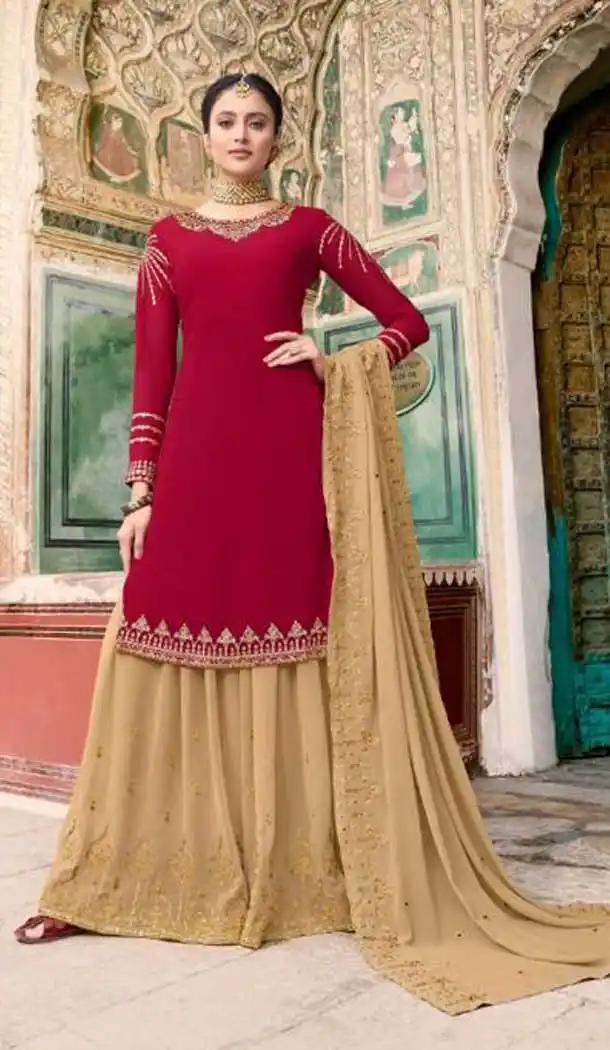 Red Color Soft Georgette Embroidery Party Wear Palazzo Suit -741191666