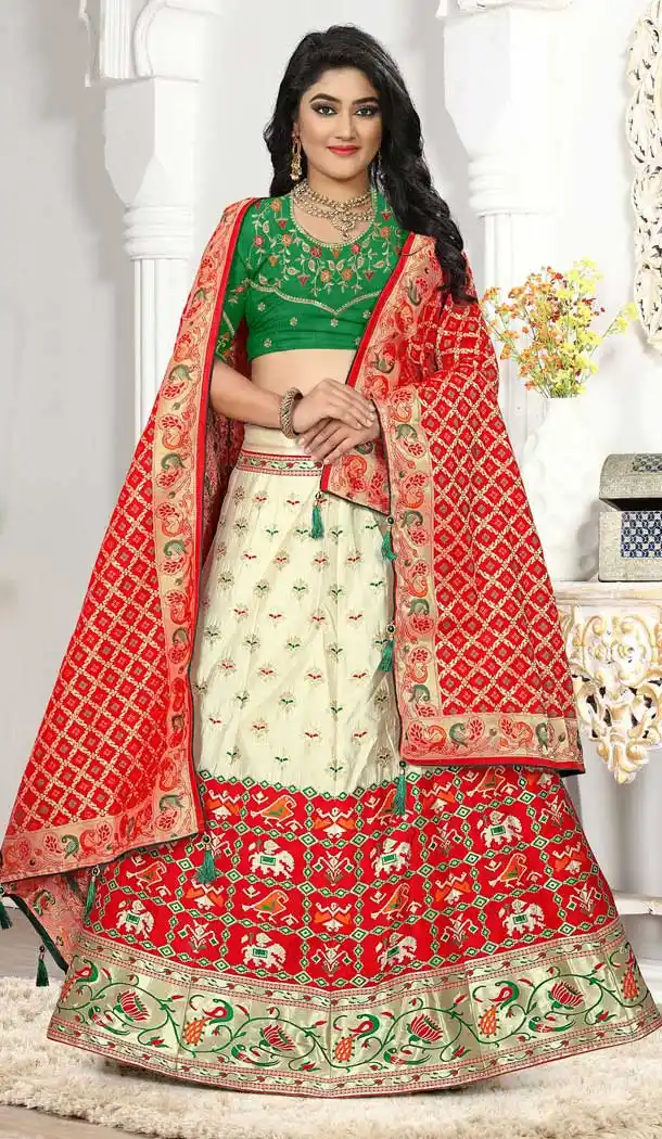 Off White Red Silk Jacquard Designer Bridal Wear Lehenga Choli -741491703