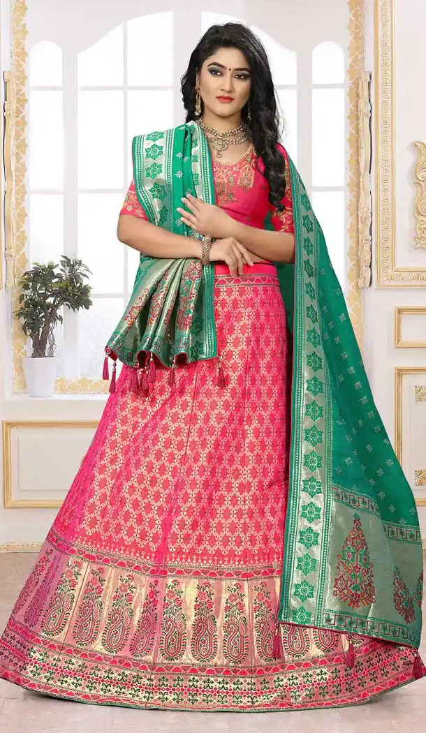 Divine Pink Color Silk Jacquard Designer Bridal Wear Lehenga Choli -741491707