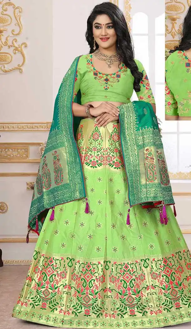 Light Green Color Silk Jacquard Designer Bridal Wear Lehenga Choli -741491708
