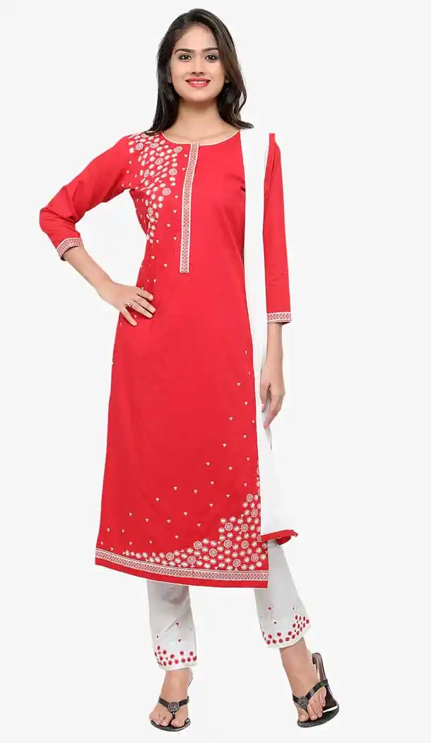 Red Color Cotton Casual Party Wear Salwar Kameez -727890084