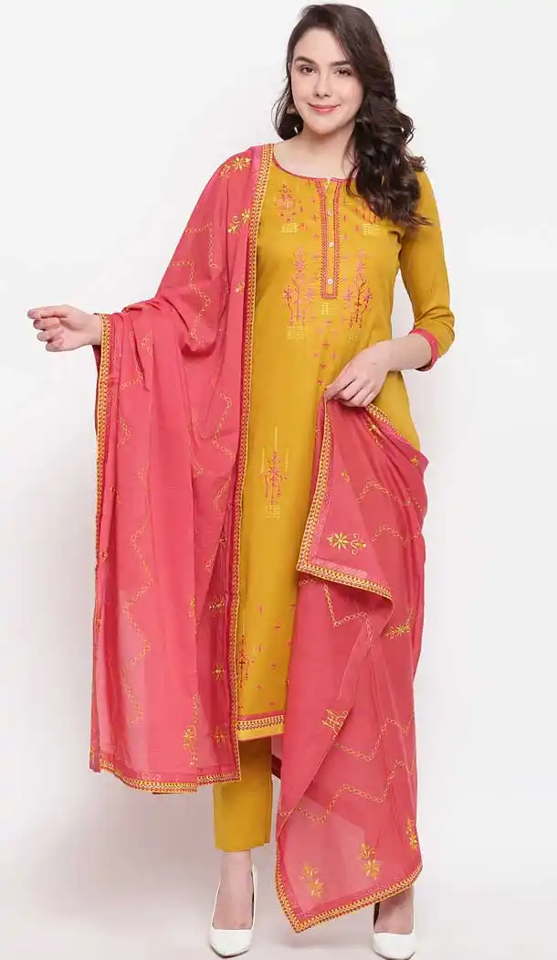 Mustard Color Cotton Blend Casual Party Wear Salwar Kameez -727890085