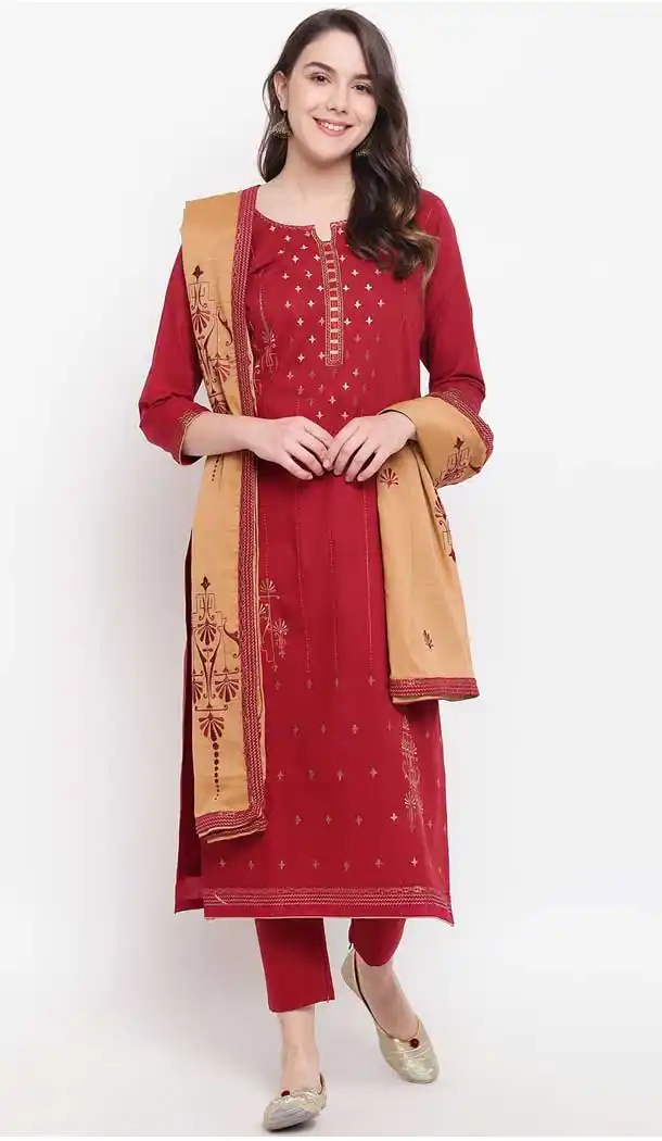 Red Color Cotton Blend Casual Party Wear Salwar Kameez -727890089