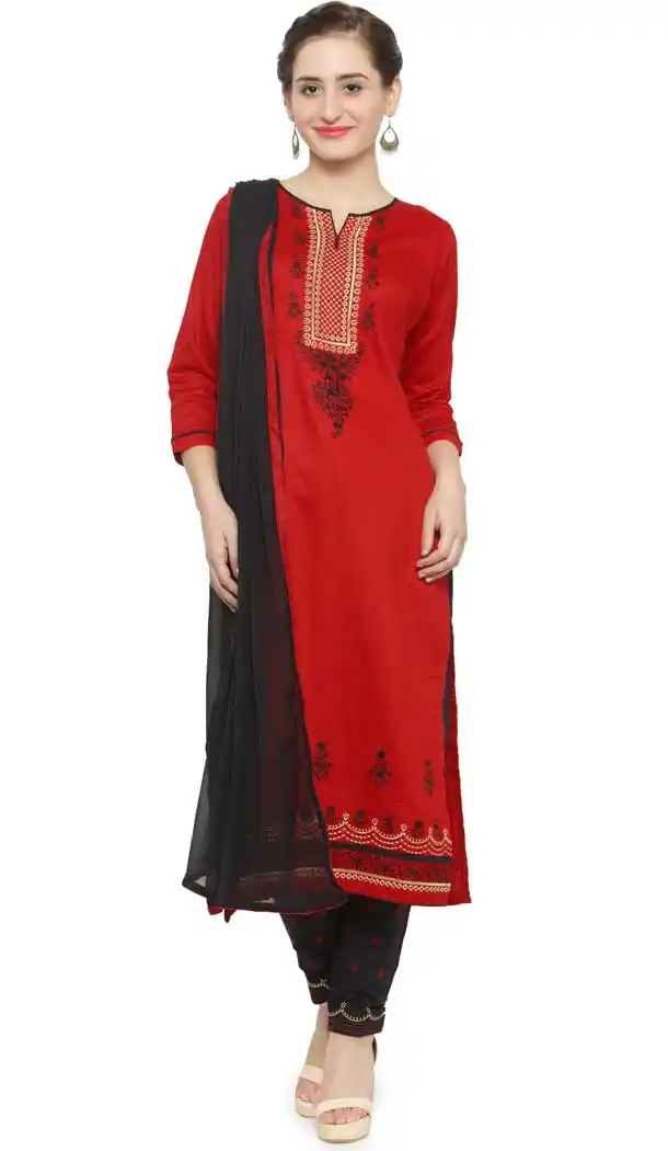 Red Color Cotton Casual Party Wear Salwar Kameez -727890102