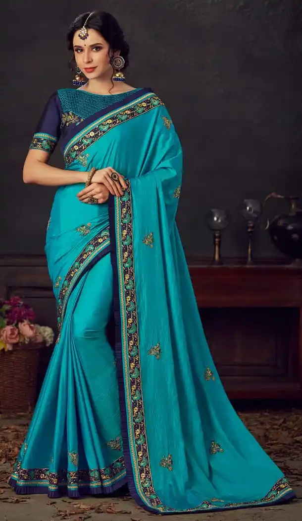Contemporary Blue Color Poly Silk Traditional Party Wear Saree Blouse -733690876