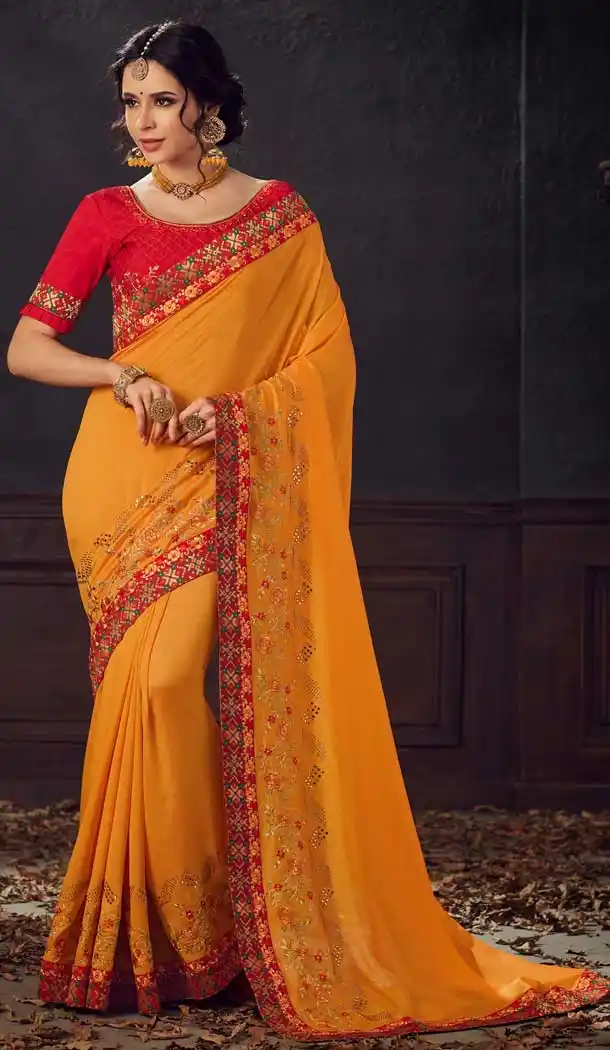 Chic Mustard Color Poly Silk Traditional Party Wear Saree Blouse -733690877