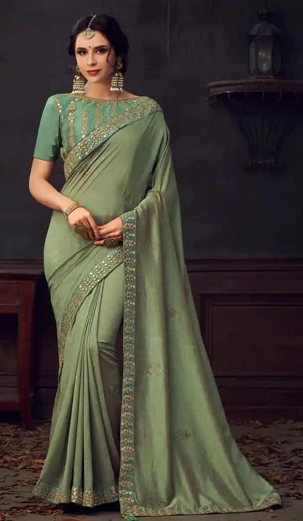Olive Green Color Poly Silk Traditional Party Wear Saree Blouse -733690888