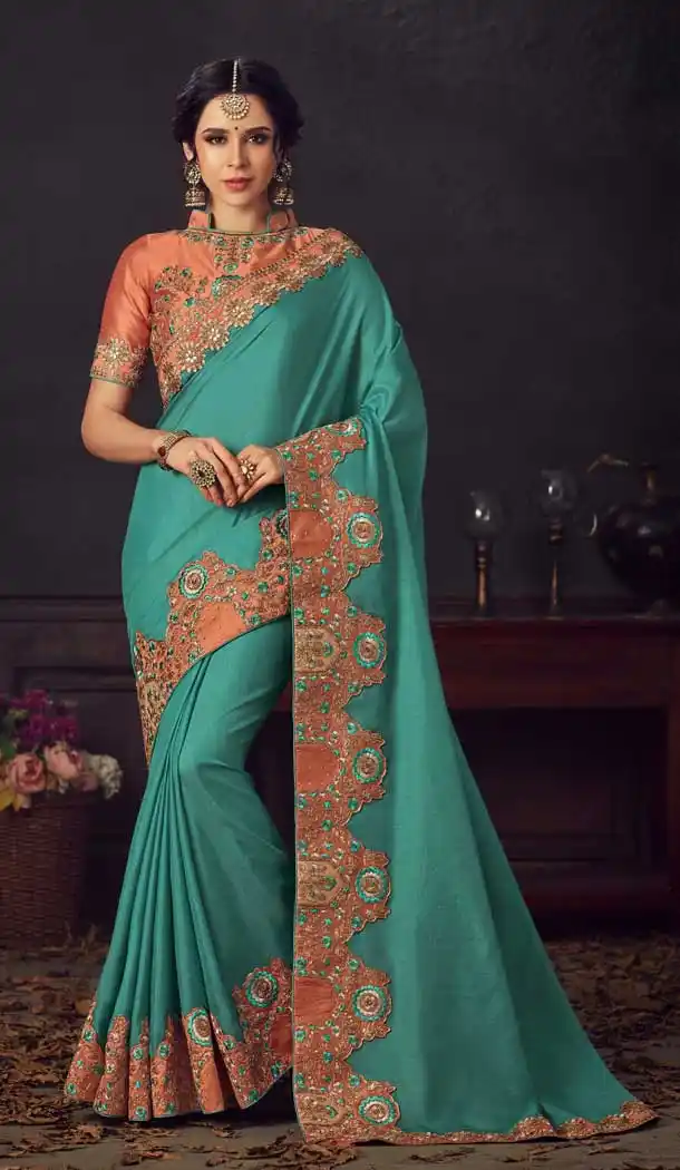 Turqouise Blue Color Poly Silk Traditional Party Wear Saree Blouse -733690894