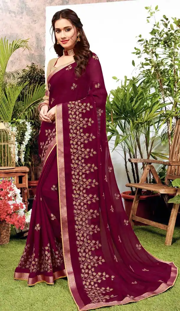 Violet Color Satin Georgette Casual Office Party Wear Saree -737391223