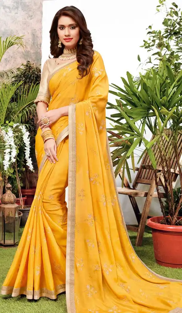 Ethnic Yellow Color Satin Georgette Casual Office Party Wear Saree -737391224