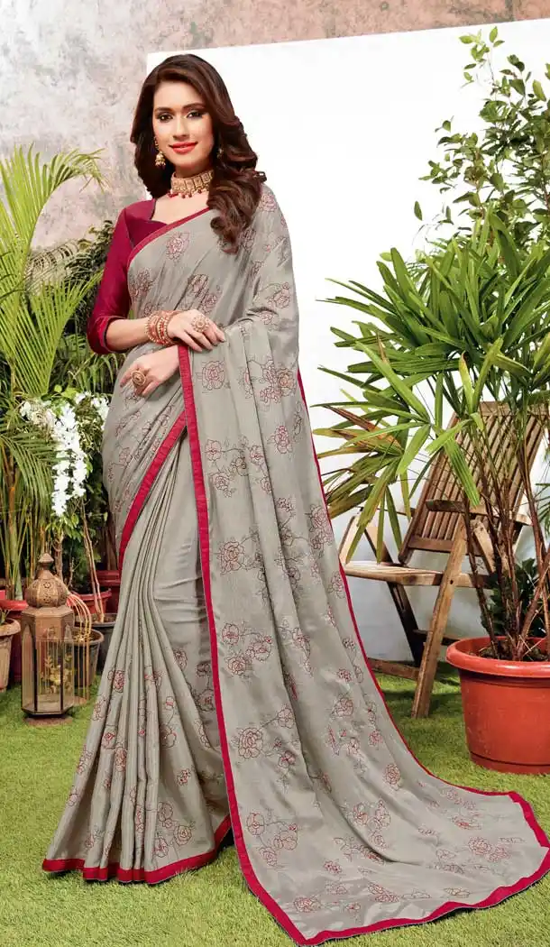 Grey Color Satin Georgette Casual Office Party Wear Saree -737391229