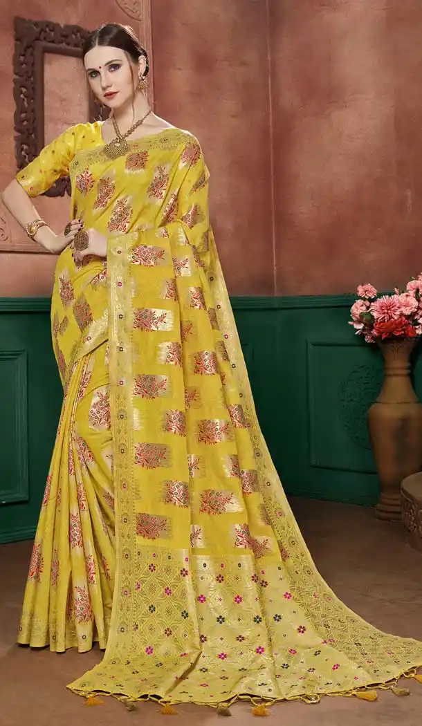 Yellow Color Banarasi Cotton Silk Designer Party Wear Saree 741791732