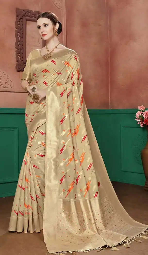 Gold Color Banarasi Cotton Silk Designer Party Wear Saree 741791736