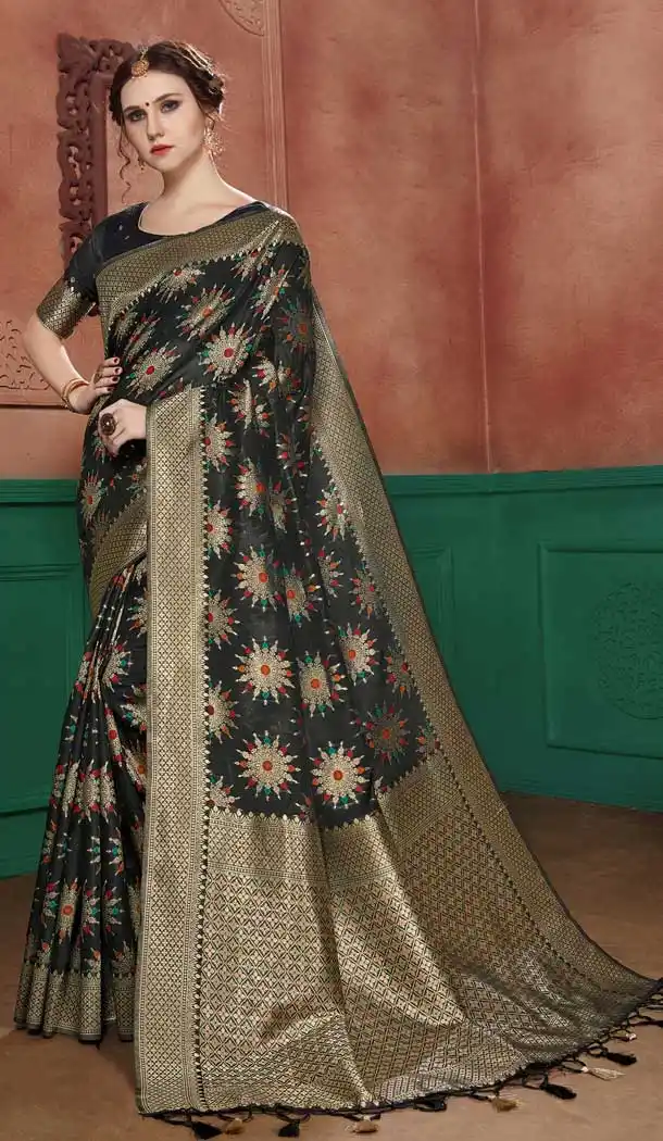 Black Color Banarasi Cotton Silk Designer Party Wear Saree 741791737
