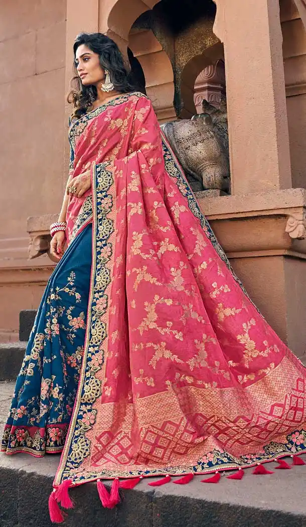Pink Blue Color Silk Designer Wedding Wear Saree Blouse -742091785