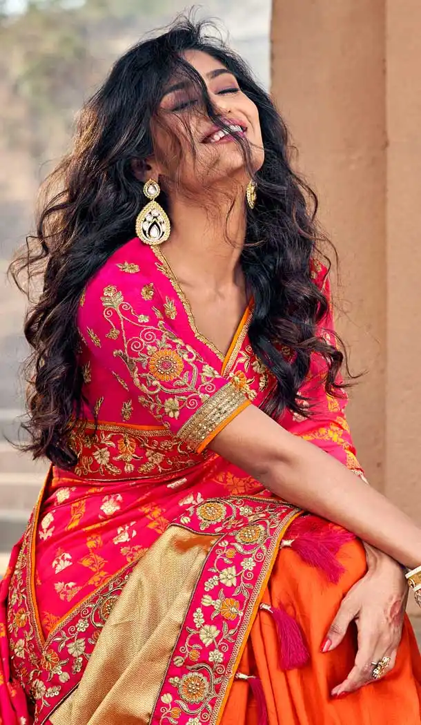 Pink Orange Color Silk Designer Wedding Wear Saree Blouse -742091786