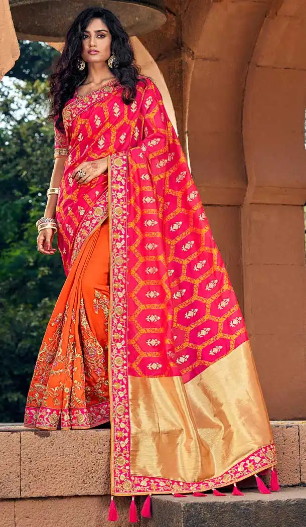 Pink Orange Color Silk Designer Wedding Wear Saree Blouse -742091786