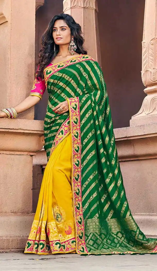 Green Yellow Color Silk Designer Wedding Wear Saree Blouse -742091789