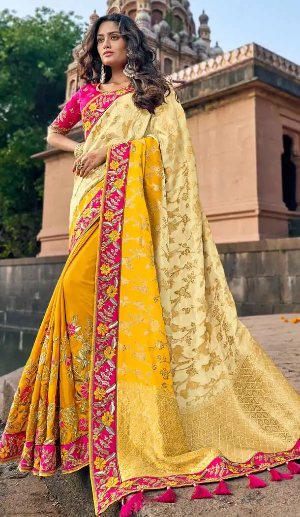 Cream Yellow Color Silk Designer Wedding Wear Saree Blouse -742091790