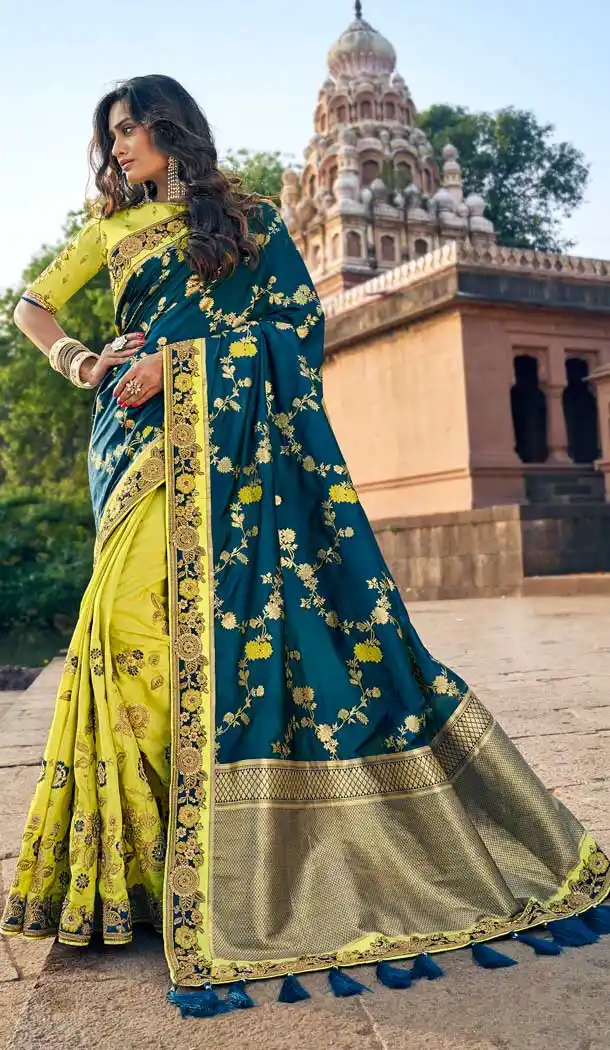 Teal Blue Lemon Color Silk Designer Wedding Wear Saree Blouse -742091791