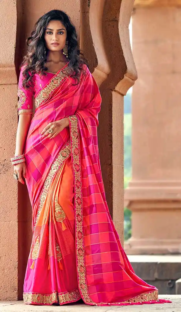 Beautiful Pink Orange Color Silk Designer Wedding Wear Saree Blouse -742091793