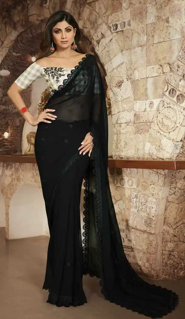Black Color Barfi Silk Bollywood Actress Shilpa Shetty Style Saree -742191795
