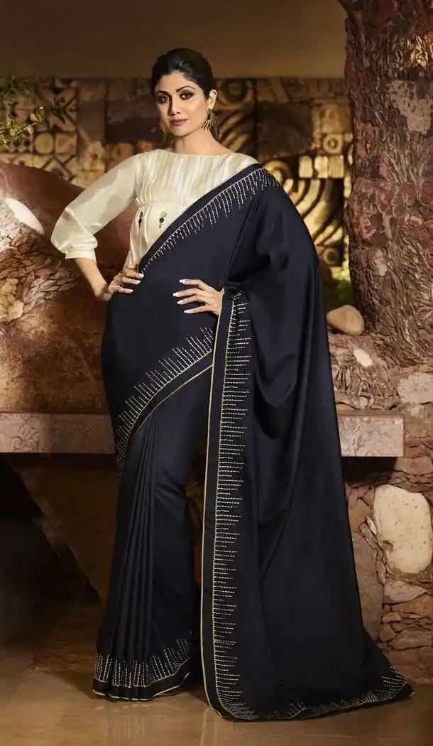 Navy Blue Color Barfi Silk Bollywood Actress Shilpa Shetty Style Saree -742191798