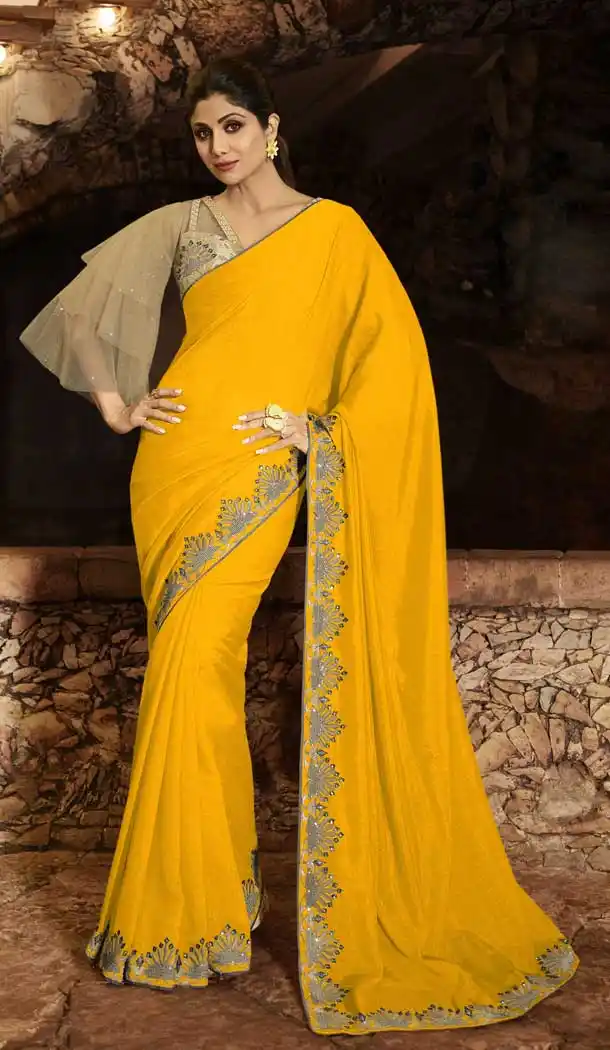 Yellow Color Barfi Silk Bollywood Actress Shilpa Shetty Style Saree -742191802