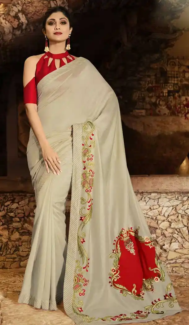 Gorgeous Grey Color Barfi Silk Bollywood Actress Shilpa Shetty Style Saree -742191803