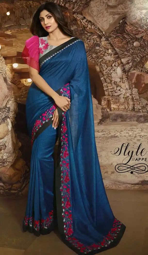 Royal Blue Color Barfi Silk Bollywood Actress Shilpa Shetty Style Saree -742191805