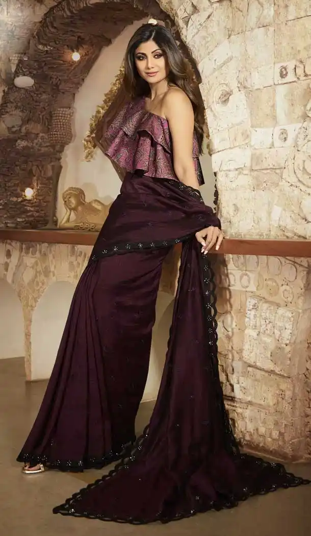Wine Color Barfi Silk Bollywood Actress Shilpa Shetty Style Saree -742191809