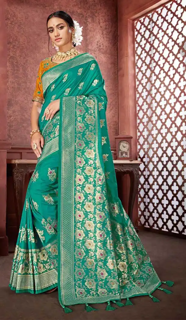 Rama Green Color Banarasi Silk Designer Wedding Wear Saree Blouse -743391895