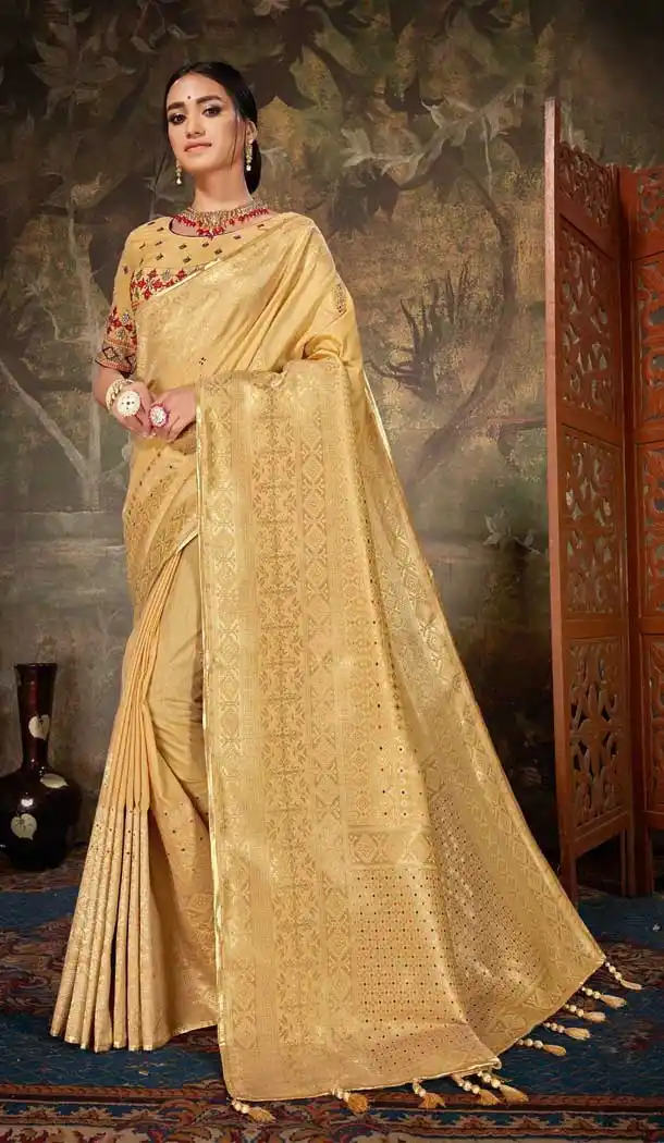 Vivacious Beige Color Banarasi Silk Traditional Wear Designer Saree -743491905