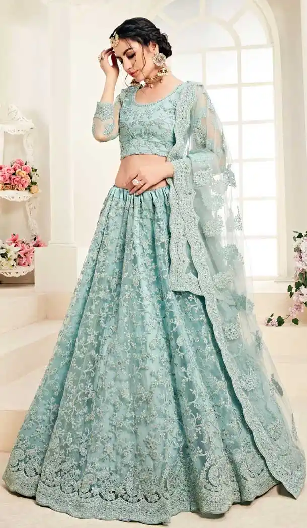 Aqua Blue Color Net Designer Embroidred Plus Size Lehenga Choli -742591829