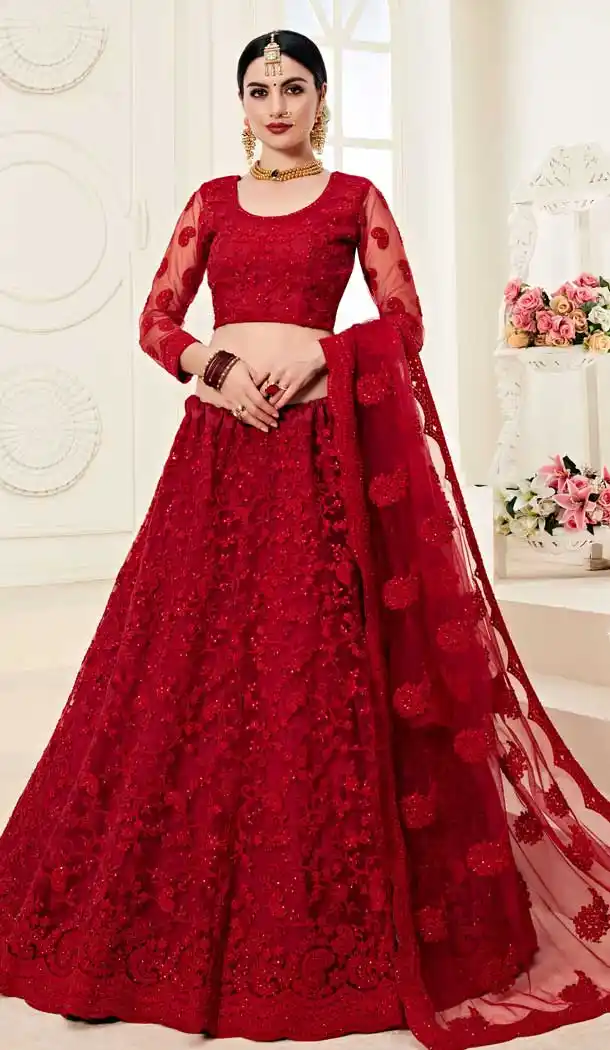 Red Color Net Designer Embroidred Plus Size Lehenga Choli -742591831