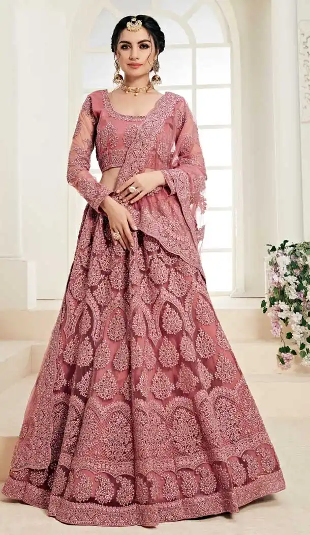 Rose Pink Color Net Designer Embroidred Plus Size Lehenga Choli -742591833