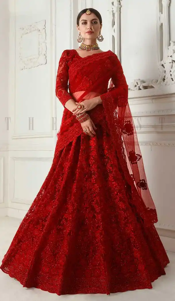 Red Color Net Designer Embroidred Plus Size Lehenga Choli -742591836