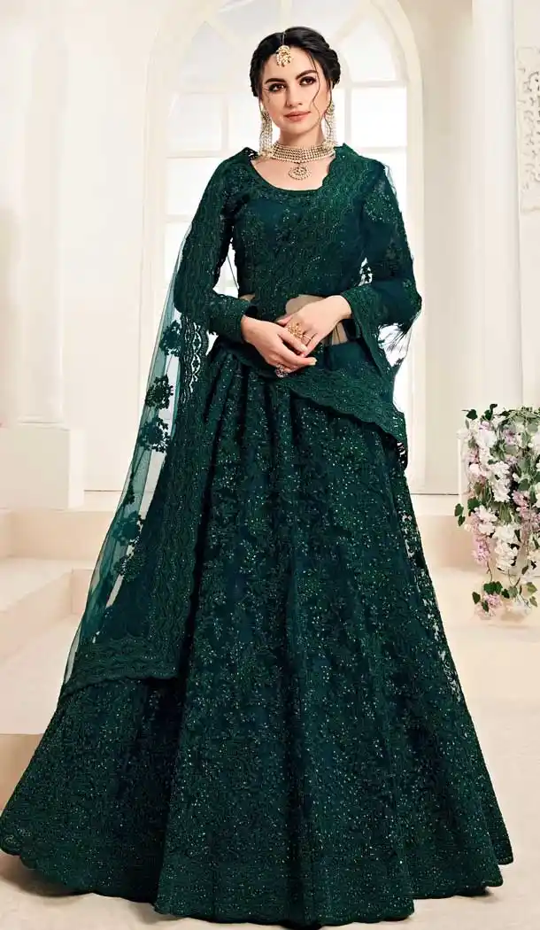 Deep Green Color Net Designer Embroidred Plus Size Lehenga Choli -742591837